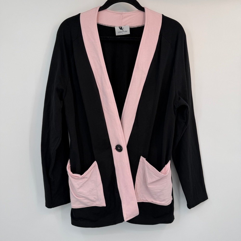 Lobo Mau Large Black Pink Colorblock Shawl Collar Button Cardigan Indie School